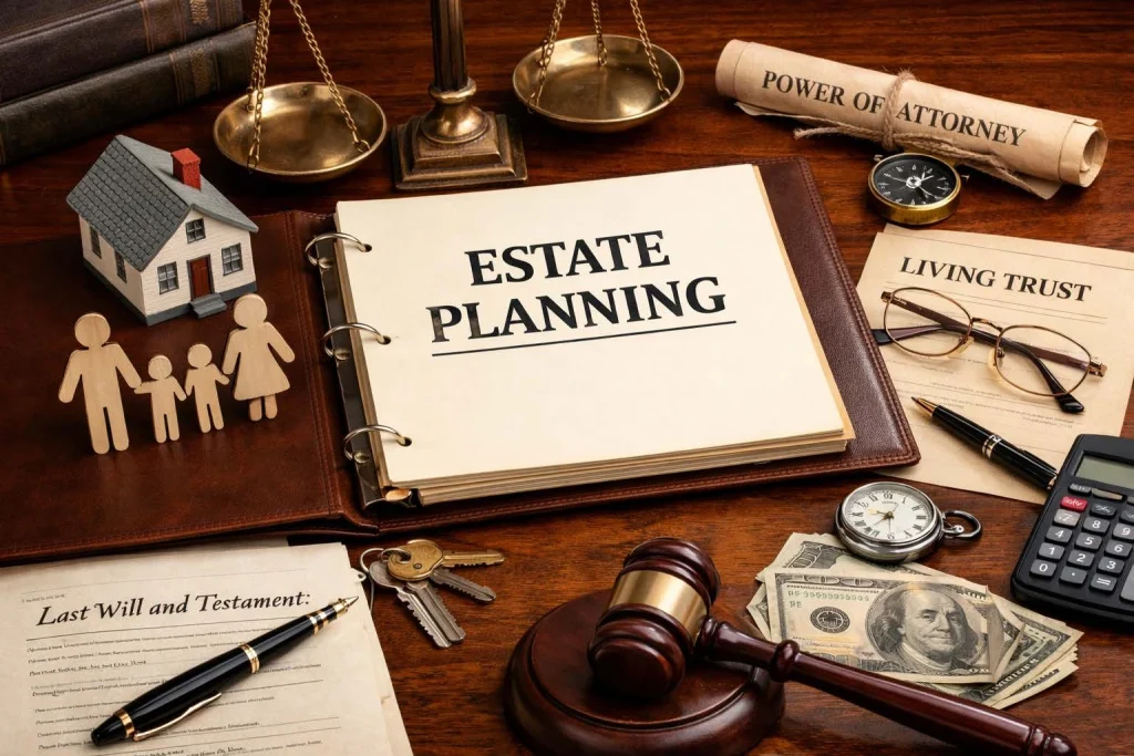 Estate planning binder surrounded by legal documents, a gavel, and symbols of family and wealth