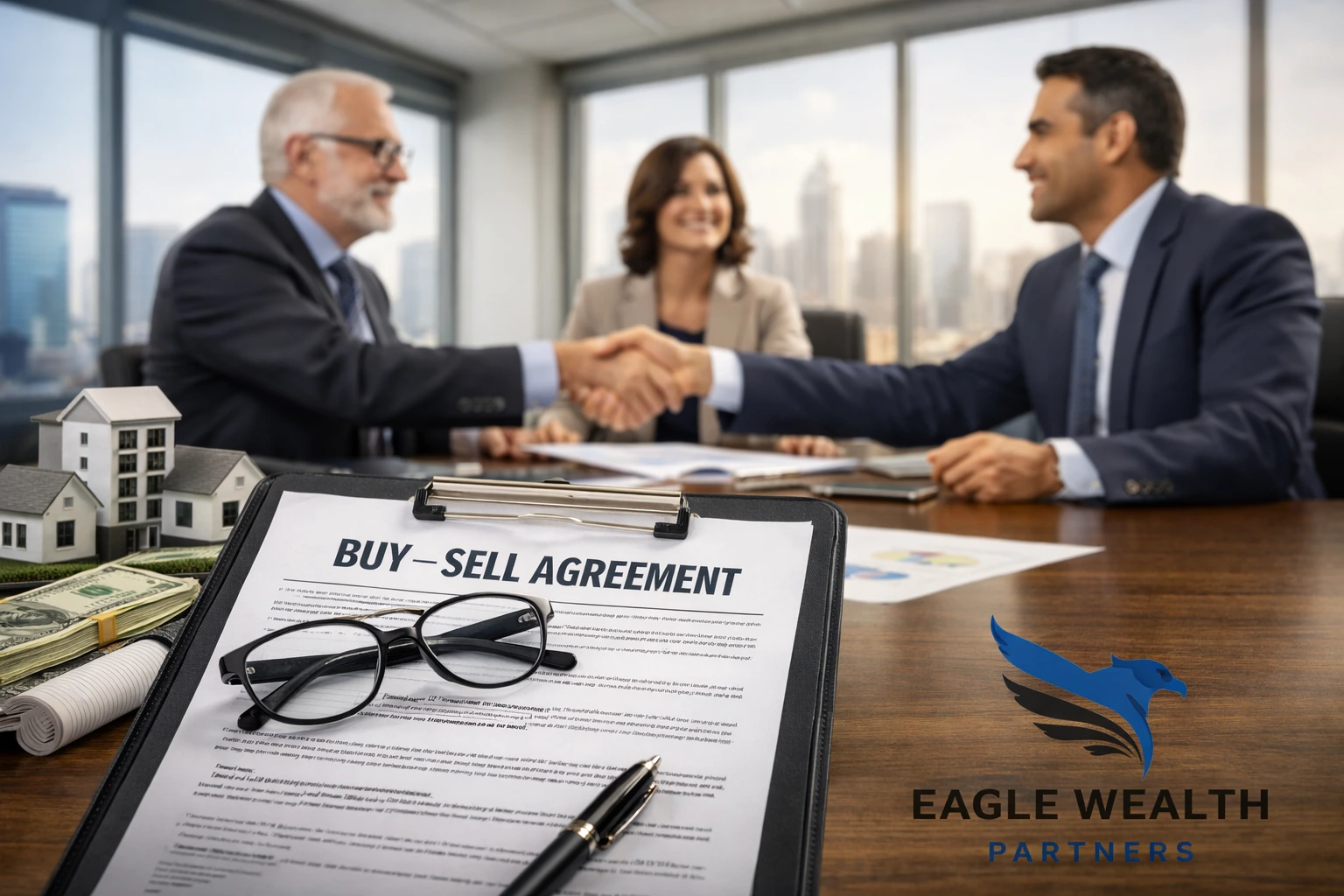 A shareholder buy-sell agreement document on a clipboard with two business partners shaking hands in an office